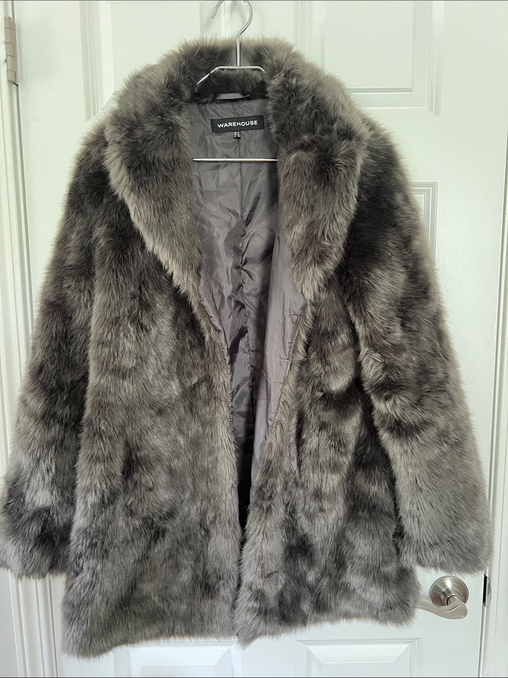 Warehouse Plush Faux Fur Teddy Coat in Grey - Size 10